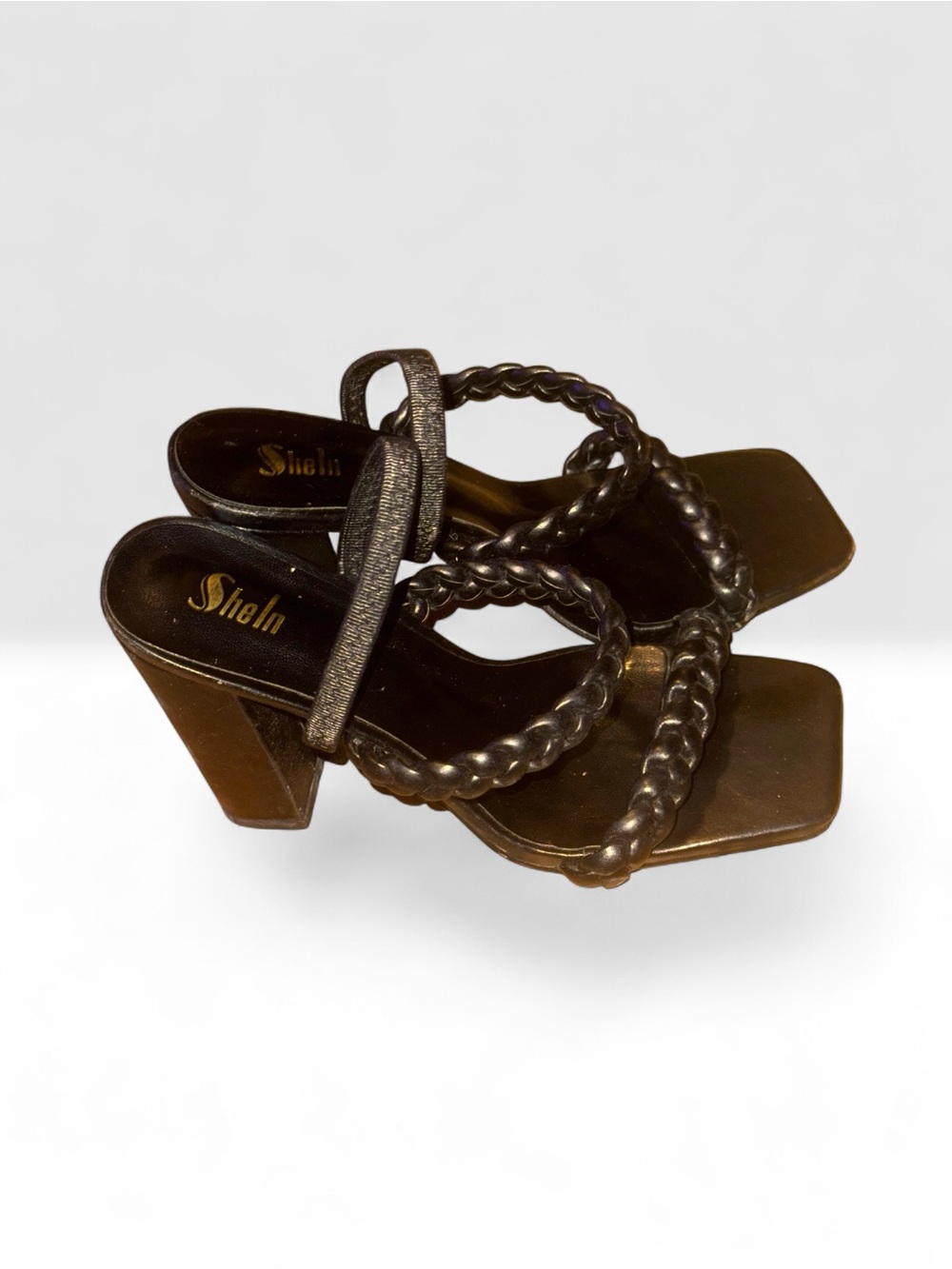 Sheln Braided Strap Block Heel Sandals in Black